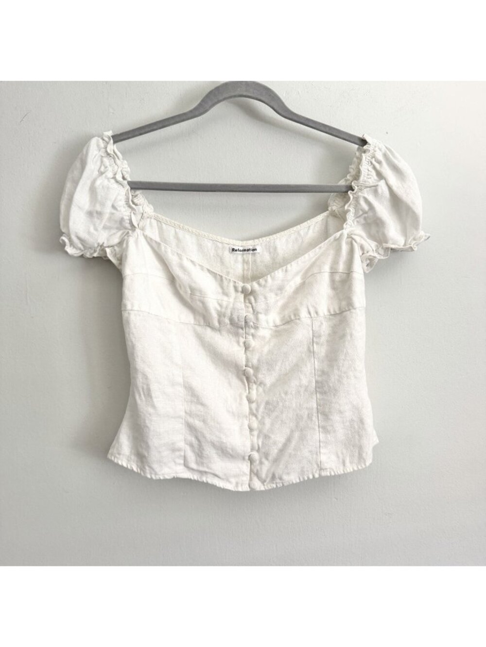 Reformation White Linen Top Button Front Blouse Puff Short Sleeves Women’s Sz 10